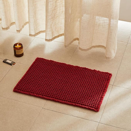 Waffle Bath Mat, Boho Bathroom Rugs Non Slip Washable Super Absorbent Quick Dry Bath Mat Farmhouse Bathroom Decor, 24"x16" Burgundy