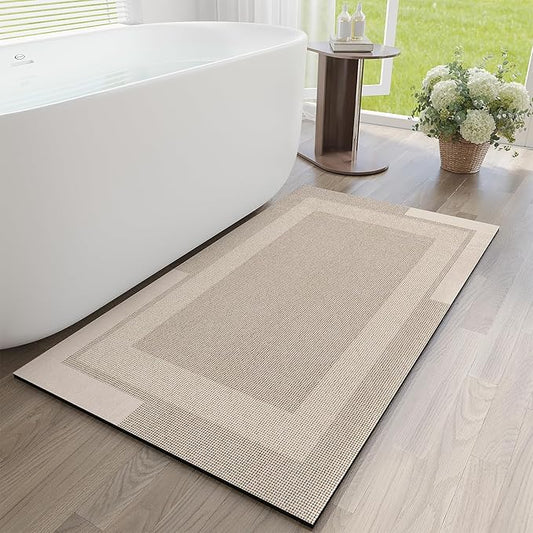 Non Slip Long Bath Mat Bathroom Runner, Rubber Backing Ultra Thin Bathroom Rugs Fit Under Door Quick Dry Super Absorbent Washable Bath Rug Shower Mat for Bathtub Sink Floor, Beige 24"x48"