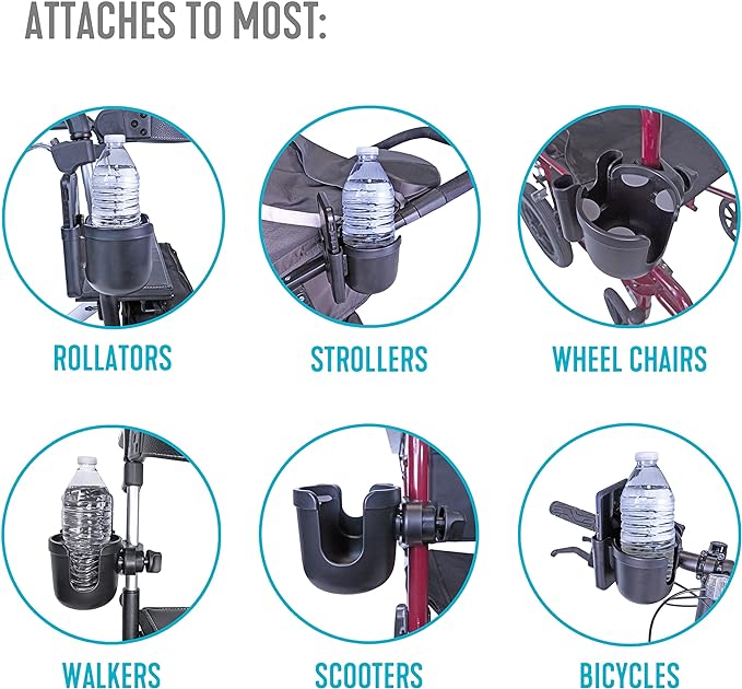 Stander Universal Cup Holder Accessory, Adjustable Drink and Phone Storage Compartment for Walkers, Rollators, Strollers, Wheelchairs, and Scooters, Black