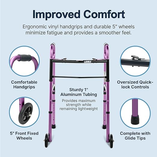 Lumex ColorSelect Walkers for Seniors, Rolling & Folding Adult Walker with Wheels, Plum