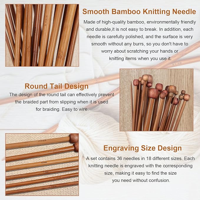 Aeelike 18 Pairs Bamboo Knitting Needles Set - 10 Inches Wooden Knitting Needles Single Point with Roll Bag - Portable Knittings Needle Set for Beginners (2mm - 10mm)