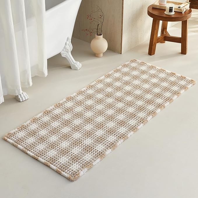 Waffle Runner Rug Bathroom, Long Boho Bathroom Rugs Non Slip Washable Absorbent Checkered Bathroom Mat Quick Dry Farmhouse Bath Mat, 60"x24" Khaki and White