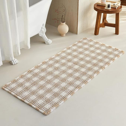Waffle Runner Rug Bathroom, Long Boho Bathroom Rugs Non Slip Washable Absorbent Checkered Bathroom Mat Quick Dry Farmhouse Bath Mat, 60"x24" Khaki and White