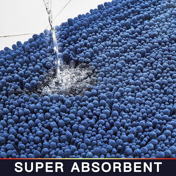 Walensee Bathroom Rug Non Slip Bath Mat (44x24 Inch Dark Blue) Water Absorbent Super Soft Shaggy Chenille Machine Washable Dry Extra Thick Perfect Absorbant Best Large Plush Carpet for Shower Floor