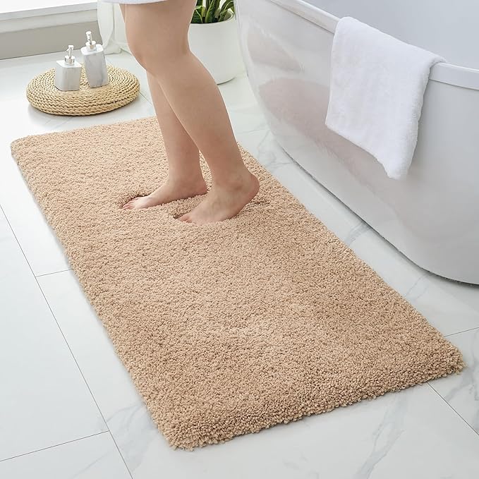 Beige Bathroom Runner Rug 24x59 Non Slip Fluffy Long Bath Mat for Bathroom Floor Washable Plush Luxury Bath Rug for Tub Absorbent Shower Sink Mat Bedside Rug