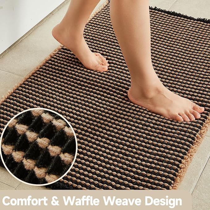 Waffle Bath Mat, Boho Bathroom Rugs Non Slip Washable Super Absorbent Quick Dry Bath Mat Farmhouse Bathroom Decor, 30"x20" Khaki and Black