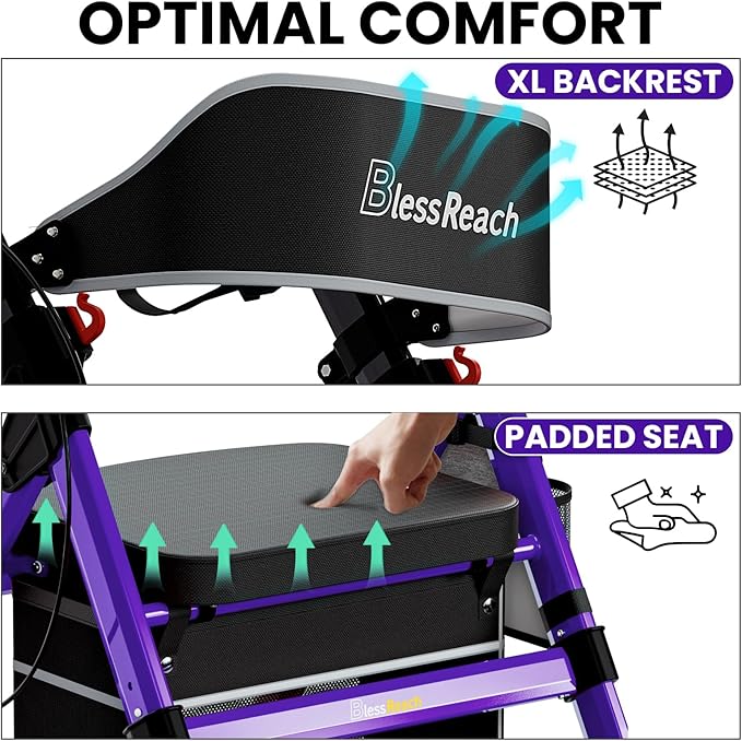 Foldable Rollator Walkers with Seat for Seniors, 450 lb Capacity, 8'' Wheels, 18" Big Seat, 6-Position Adjustable Height, Heavy-Duty Aluminum Rolling Walker (Purple)