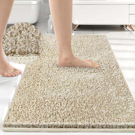 HDFK Bath Mat Non Slip 24x16 Inches Bathroom Rugs 2 Tone Plush Chenille Medium Pile with TPR Backing | Ultra Absorbent Solid Khaki | Shower Rug for Sink Front Tub Step Stain Concealing Decor