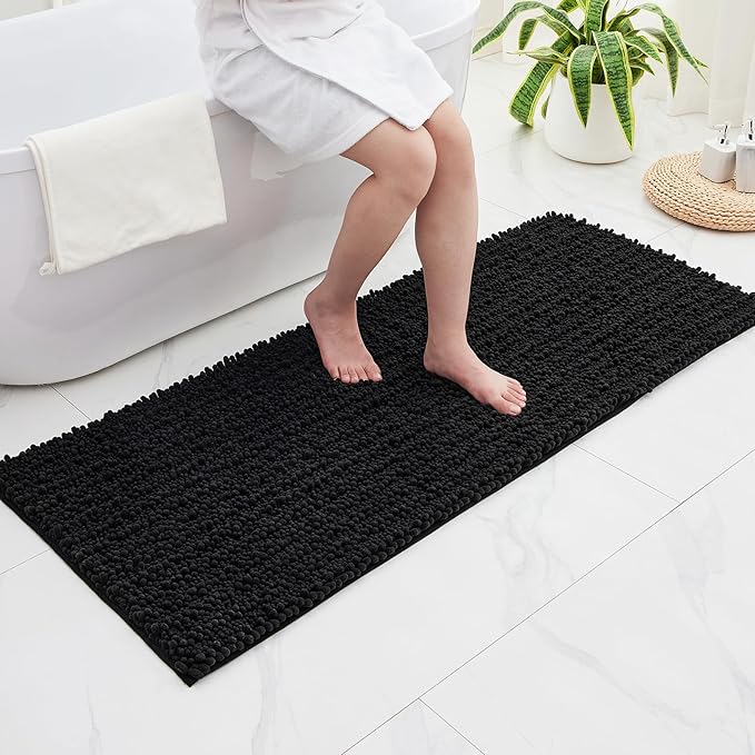 Bathroom Runner Rug 24x55 Non Slip Washable Long Bath Mat for Tub Thick Soft Absorbent Bathroom Floor Mat Large Chenille Bath Rug for Shower, Black