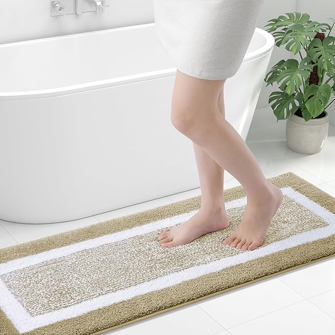 OLANLY Bathroom Rugs 47x17, Extra Soft and Absorbent Microfiber Bath Mat, Non-Slip, Machine Washable, Quick Dry Shaggy Bath Carpet, Suitable for Bathroom Floor, Tub, Shower (Runner, Beige)