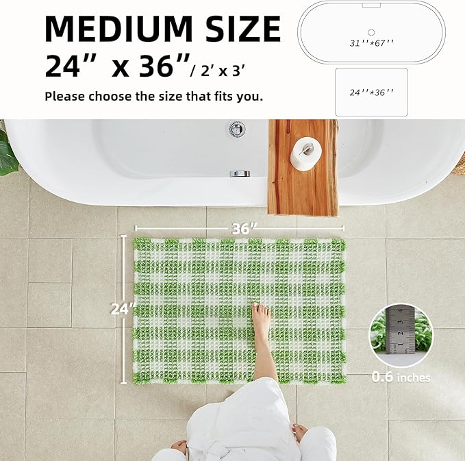 Waffle Bath Mat, Boho Bathroom Rugs Non Slip Washable Absorbent Checkered Bathroom Mat Quick Dry Cute Bath Mat, 36"x24" Green and White