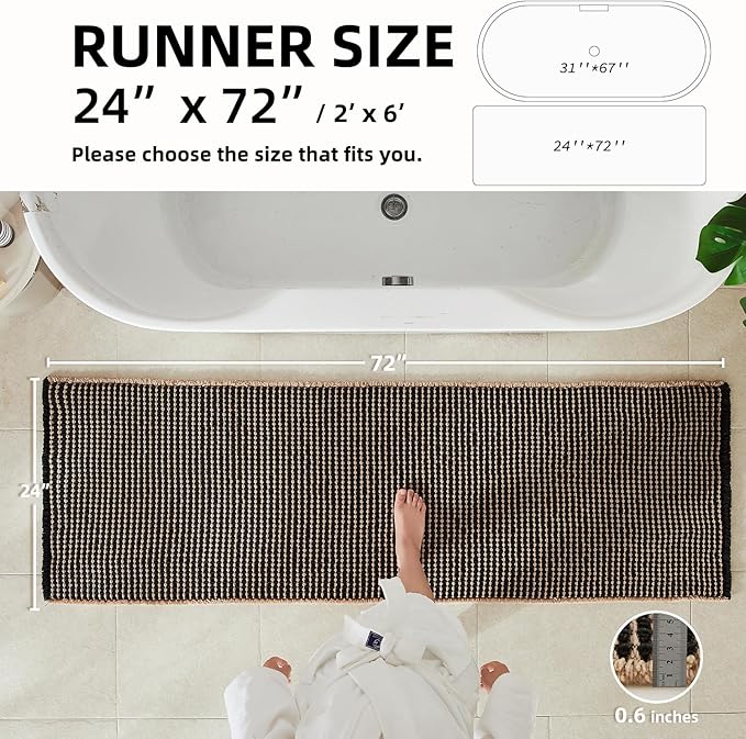 Waffle Runner Rug Bathroom, Long Boho Bathroom Rugs Non Slip Washable Super Absorbent Quick Dry Farmhouse Bath Decor, 72"x24" Khaki and Black