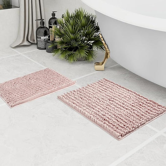 Walensee Bathroom Rug 2 Pieces Set Non Slip Bath Mat (17x24 Plus 20x32 Inch Dusty Pink) Water Absorbent Super Soft Shaggy Chenille Machine Washable Dry Extra Thick Perfect Carpet for Shower Floor