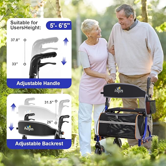 Rollator Walker for Seniors with Seat, Lightweight & Foldable, 8" All-Terrain Wheels, 18" Big Seat, 6-Level Adjustable Height Rolling Walker, 350 lb Capacity, Blue