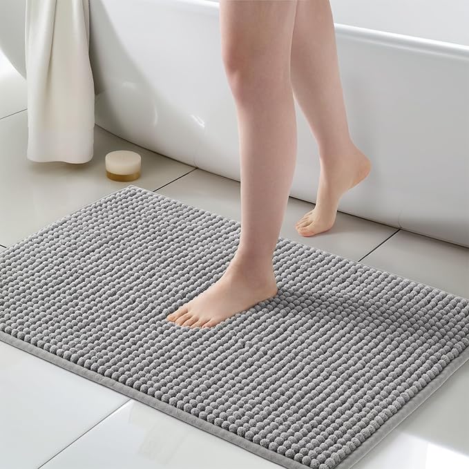 FRESHMINT Thick Chunky Chenille Bathroom Rug, 24"x36", Non Slip Bath Mat, Soft Bathroom Decor, Cute Shower Mat, Water Absorbent, Washable, Dove Gray