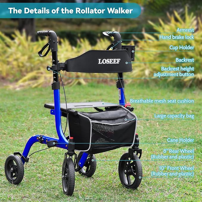 Foldable Rollator Walkers With Seat For Seniors, 10" Big Rubber Wheels All Terrain Rollator Walker With Adjustable Backrest And Handles, 350 Lb, Cup Holder, Lightweight 4 Wheel Walker For Seniors Blue