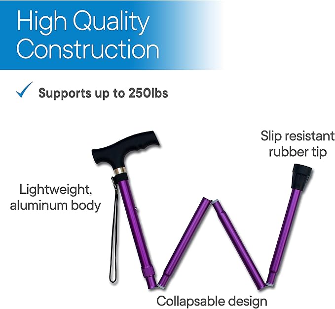 RMS Folding Cane - Foldable Walking Cane with Adjustable Height - Collapsible and Lightweight - Soft Ergonomic Handle for Comfortable Grip - Portable Walking Stick for Mobility Aid