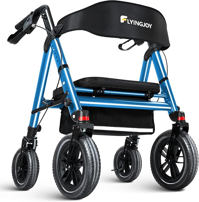 Rollator Walker with Seat,12" Front Wheels 10" Rear Rolling Walker, Extra-Wide Heavy-Duty Rollator Walker with Seat and Brakes for Seniors and Adults Bariatric with Large Aluminum (Blue)