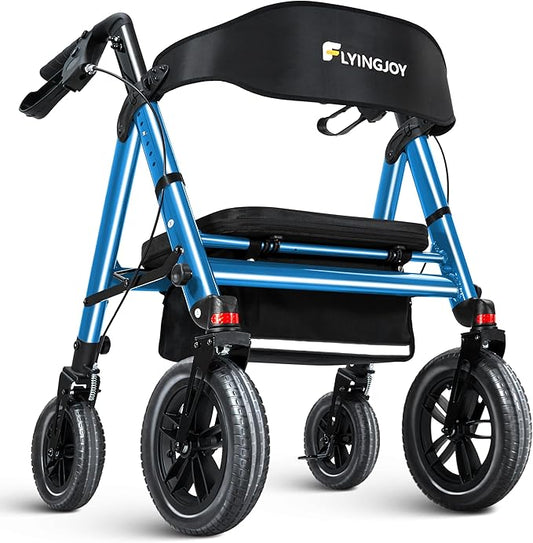 Rollator Walker with Seat,12" Front Wheels 10" Rear Rolling Walker, Extra-Wide Heavy-Duty Rollator Walker with Seat and Brakes for Seniors and Adults Bariatric with Large Aluminum (Blue)