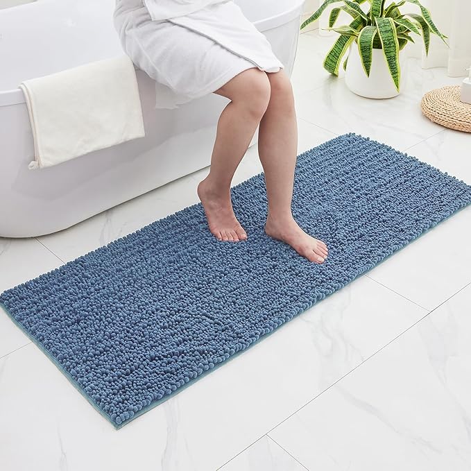Bathroom Runner Rug 24x70 Non Slip Washable Long Bath Mat for Tub Thick Soft Absorbent Bathroom Floor Mat Large Chenille Bath Rug for Shower, Blue