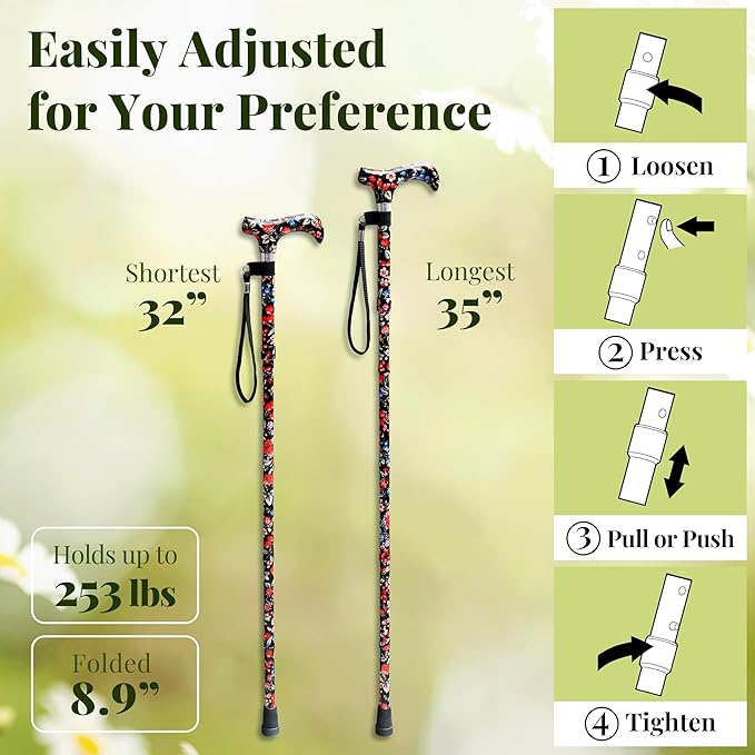 [Combo] Merry Sticks Lightweight Foldable Walking Canes for Women and Men, Adjustable & Collapsible Walking Stick for Seniors, Includes A Cane Bag & A Smart Reflective Cane Holder