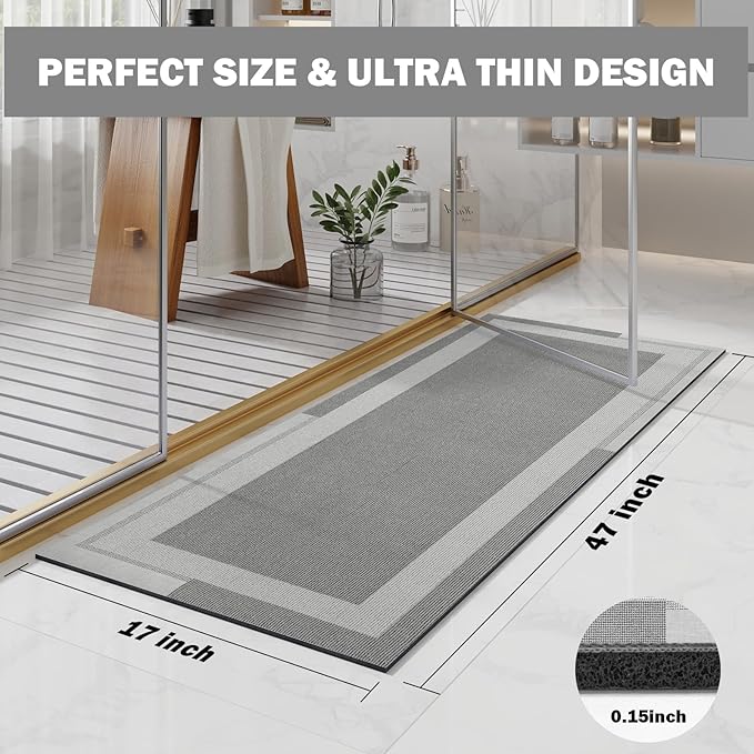 Non Slip Long Bath Mat Bathroom Runner, Rubber Backing Ultra Thin Bathroom Rugs Fit Under Door Quick Dry Super Absorbent Washable Bath Rug Shower Mat for Bathtub Sink Floor, Grey 17"x47"