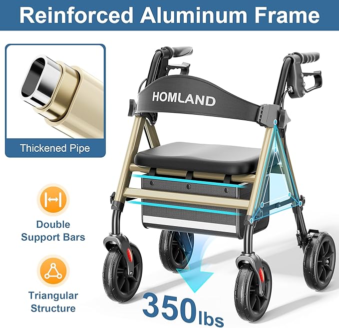 HOMLAND Rollator Walkers for Seniors with Seat, 8" All Terrain Wheels, Durable Aluminum Frame, Lightweight Foldable Walker with Ergonomic Seat, Height Adjustable Rolling Walker