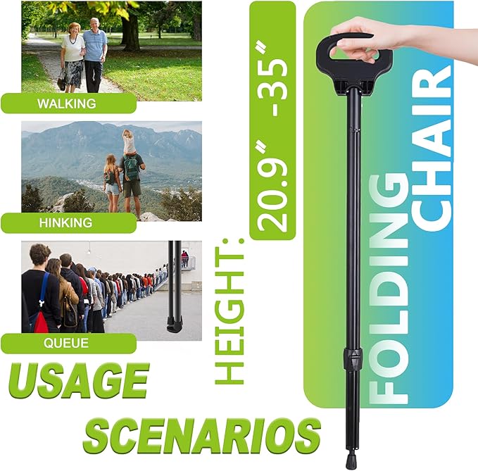 Cane with Seat Portable Walking Stick Folding Chair Lightweight Aluminum Mobility Aid Crutch Chair Height Adjustable with Carry Bag for Seniors Elderly Handicap Waiting/Queuing/Fishing