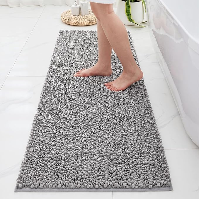 Bathroom Runner Rug 24x60 Non Slip Washable Long Bath Mat for Tub Thick Soft Absorbent Bathroom Floor Mat Large Chenille Bath Rug for Shower, Grey