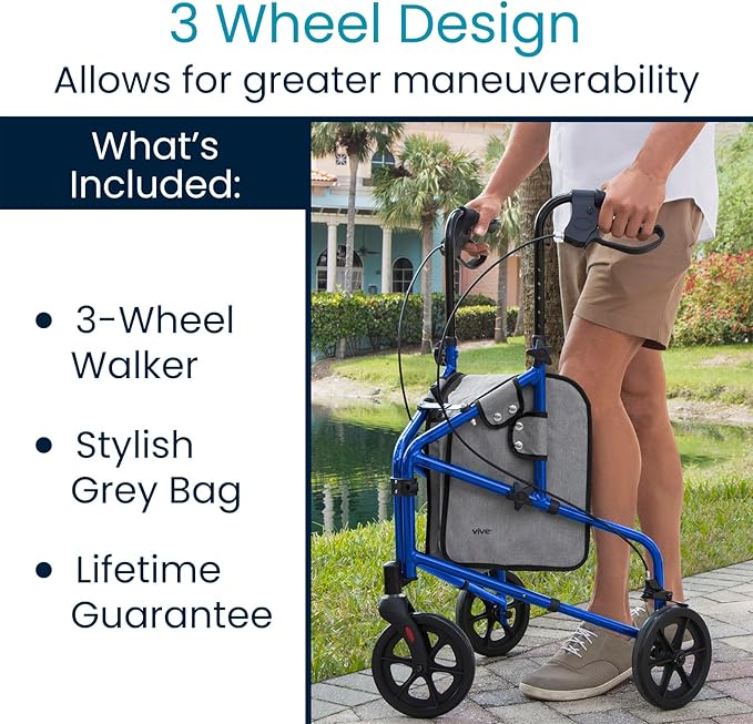 Vive Mobility 3 Wheel Walker - Three Wheeled Rollator for Seniors - Lightweight, Foldable, Narrow, Heavy Duty - for Elderly Men Women - Folding 3-Wheel Tri Scooter with Basket Bag