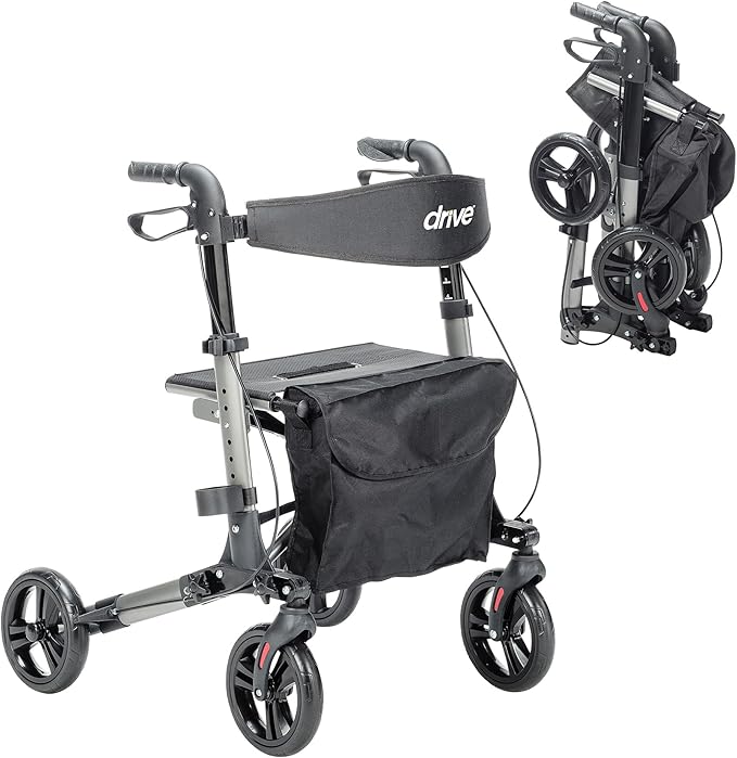 Drive Medical Compact Folding Rollator - Lightweight Foldable Walker for Seniors, 4-Wheeled Walker with Seat & Brakes, Space-Saving & Portable Travel Rollator with 8-Inch Wheels - Just 15.4 Pounds