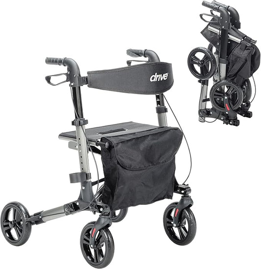 Drive Medical Compact Folding Rollator - Lightweight Foldable Walker for Seniors, 4-Wheeled Walker with Seat & Brakes, Space-Saving & Portable Travel Rollator with 8-Inch Wheels - Just 15.4 Pounds