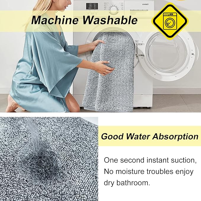 HDFK Bath Mat Runner Non Slip 60x24 Inches Bathroom Rugs 2 Tone Chenille Medium Pile with TPR Backing | Absorbent Solid Light Gray | Long Shower Transition Mats for Tub Side Wet Dry Zone Decor