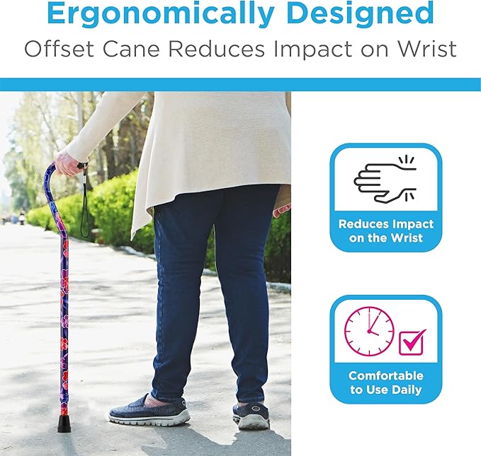 Nova Joy Designer Offset Walking Cane for Seniors - Unisex Adjustable Lightweight Aid with Foam Handle, Wrist Strap and Anti-Rattle Lock - Essential Mobility Support - Maui Flowers