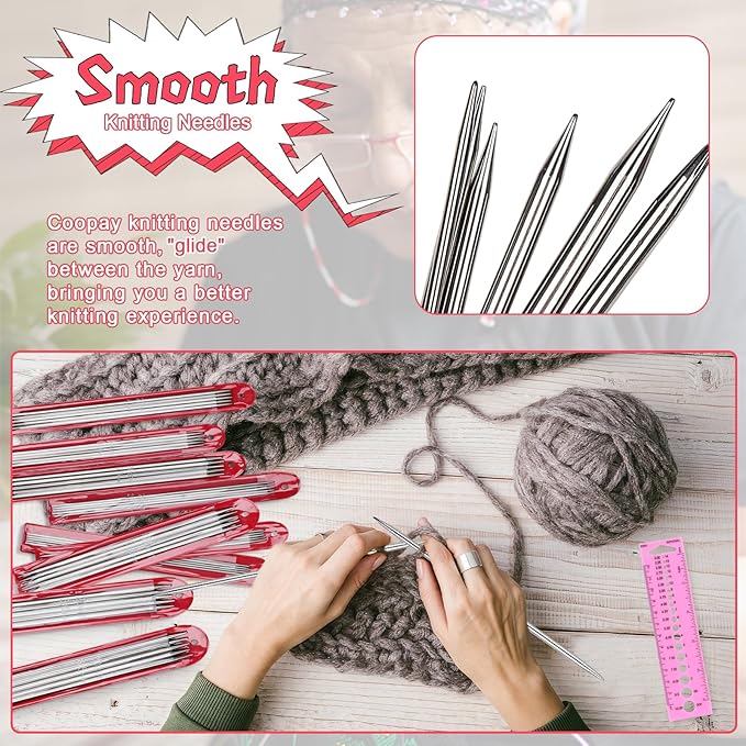 Coopay 55pcs Double Pointed Knitting Needles Set, 2.0mm-6.5mm, Sock Knitting Needles, 20cm Metal DPN Shorties Knitting Needle for Socks Gloves Hats, Double Pointed Needles with Knitting Needle Gauge