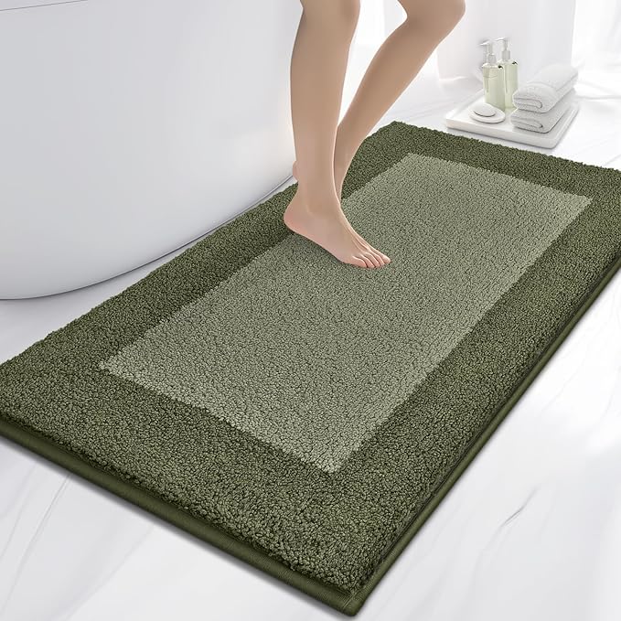Bathroom Rugs 30" x 60", Non-Slip Extra Soft Absorbent Bath Rugs, Machine Washable Quick Dry Bath Mats for Bathroom Floor, Shower, Bathtub and Sink, Olive Green & Green