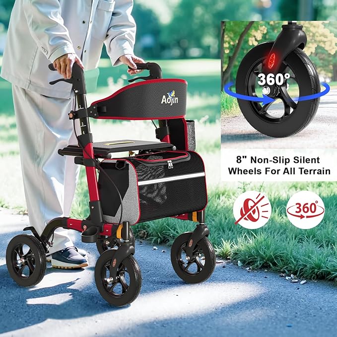Walkers for Seniors, Rollator Walker with Seat, 350 lb Weight Capacity, 18" Big Seat, 8" All-Terrain Wheels, 6-Level Adjustable Height, Lightweight Aluminum Frame Rollator Walkers for Seniors (Red)