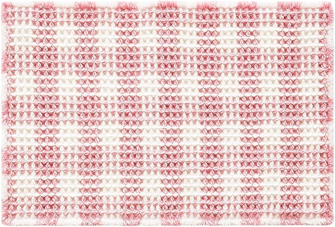 Waffle Bath Mat, Boho Bathroom Rugs Non Slip Washable Absorbent Checkered Bathroom Mat Quick Dry Cute Bath Mat, 36"x24" Pink and White