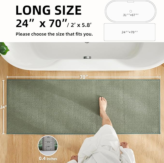 Bathroom Runner Rugs, Long Bath Mat Runner Washable Thin Quick Dry Low Pile Bathroom Runner Rugs Non Slip, Sage Green 24"x70"