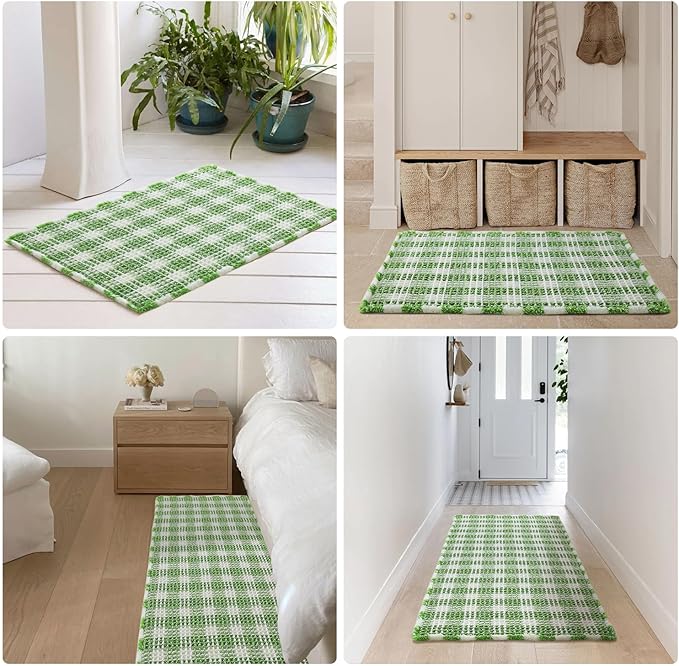 Waffle Bath Mat, Boho Bathroom Rugs Non Slip Washable Absorbent Checkered Bathroom Mat Quick Dry Cute Bath Mat, 24"x16" Green and White