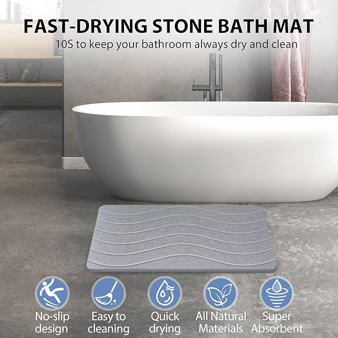 Absorbent Stone Bath Mat, Diatomaceous Earth Shower Mats, Non-Slip Water Absorbing Diatomite Stone Mat for Bathroom Floor, Quick-Drying Easy to Clean (23" x 16" Gray)