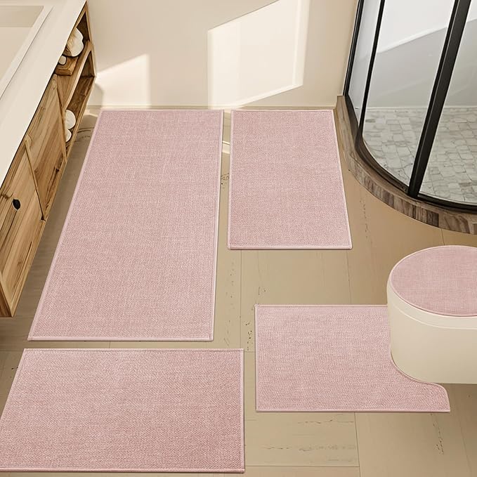 YIHOUSE Pink Bathroom Rug Set, 5 Piece, Non Slip, Quick Dry, Thin Bath Mat for Bathroom, Kitchen, Sink