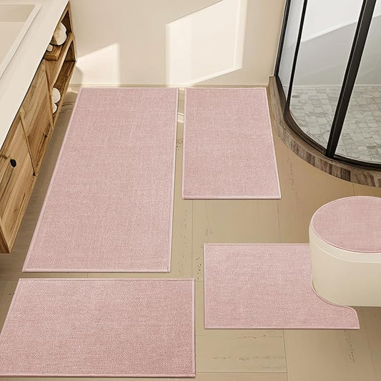YIHOUSE Pink Bathroom Rug Set, 5 Piece, Non Slip, Quick Dry, Thin Bath Mat for Bathroom, Kitchen, Sink