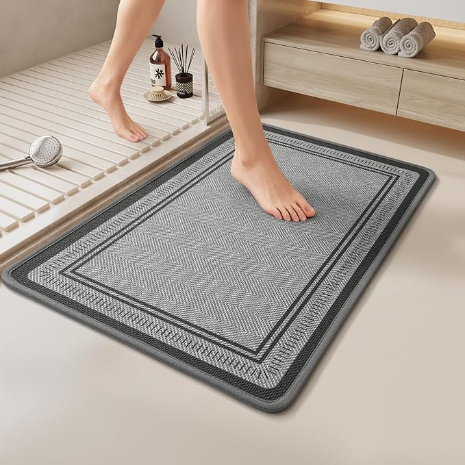 20"×31" Non Slip Bath Mat with Rubber Backing, Absorbent Quick Dry Bath Mats Washable, Low Pile Bathroom Rugs Fit Under Door for Bathroom Floor, Shower and Sink, Grey
