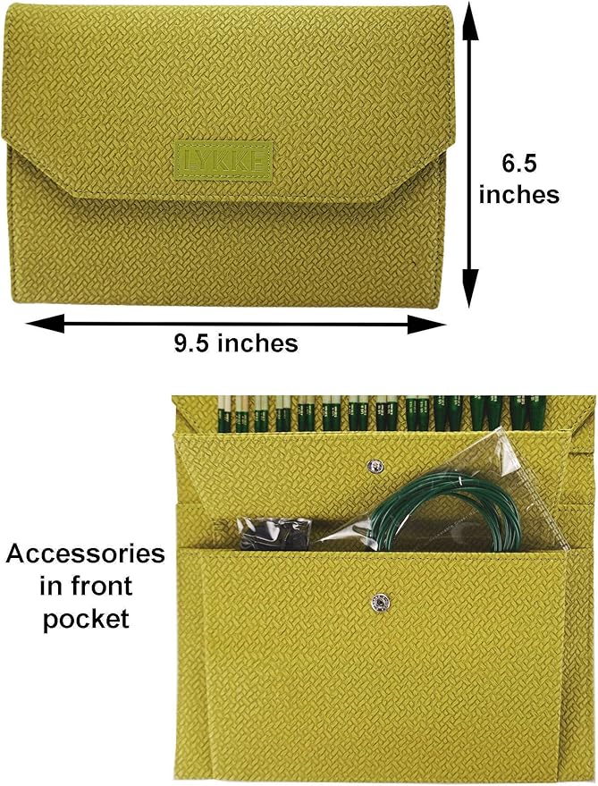 Lykke Grove 5 in. Complete Set US Sizes US 3, 4, 5, 6, 7, 8, 9, 10, 10.5, 11, 13, 15 Interchangeable Circ. Knitting Needles for DK, Worsted, Chunky Yarns, Bamboo, 5 Cords, Green BW Case, Project Bag