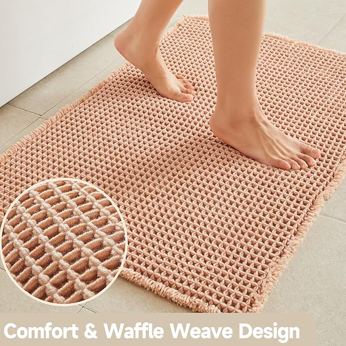 Waffle Runner Rug Bathroom, Long Boho Bathroom Rugs Non Slip Washable Super Absorbent Quick Dry Farmhouse Bath Decor, 60"x24" Light Peach