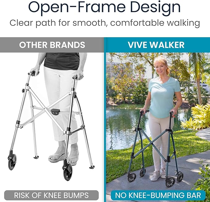 Vive Mobility Lightweight Walker for Seniors - Narrow, Folding Walker w/Wheels for Small & Tight Spaces - Light Weight for Balance, Compact Doorways, Foldable - Portable & Collapsible for Travel