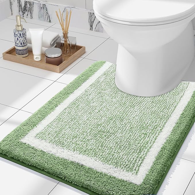 OLANLY Toilet Rugs U-Shaped 24x20, Extra Soft and Absorbent Microfiber Bathroom Rugs, Non-Slip, Machine Wash Dry, Plush Shaggy Contour Bath Mats for Toilet Base (Sage Green and White)