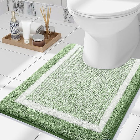 OLANLY Toilet Rugs U-Shaped 24x20, Extra Soft and Absorbent Microfiber Bathroom Rugs, Non-Slip, Machine Wash Dry, Plush Shaggy Contour Bath Mats for Toilet Base (Sage Green and White)