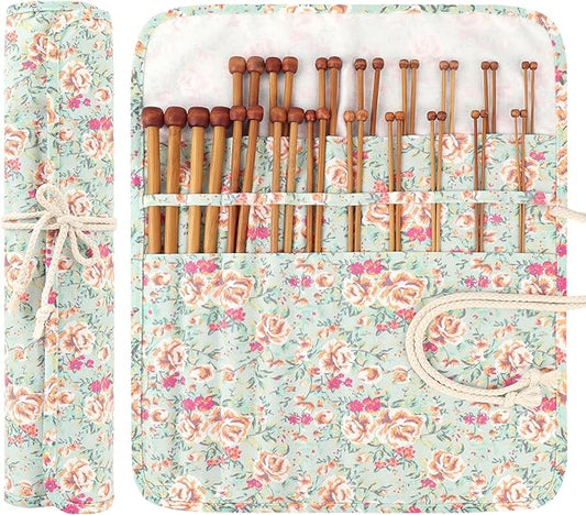 Aeelike 18 Pairs Bamboo Knitting Needles Set - 14 Inches Wooden Knitting Needles Single Point with Flower Roll Bag - Portable Knittings Needle Set for Beginners (2mm - 10mm)